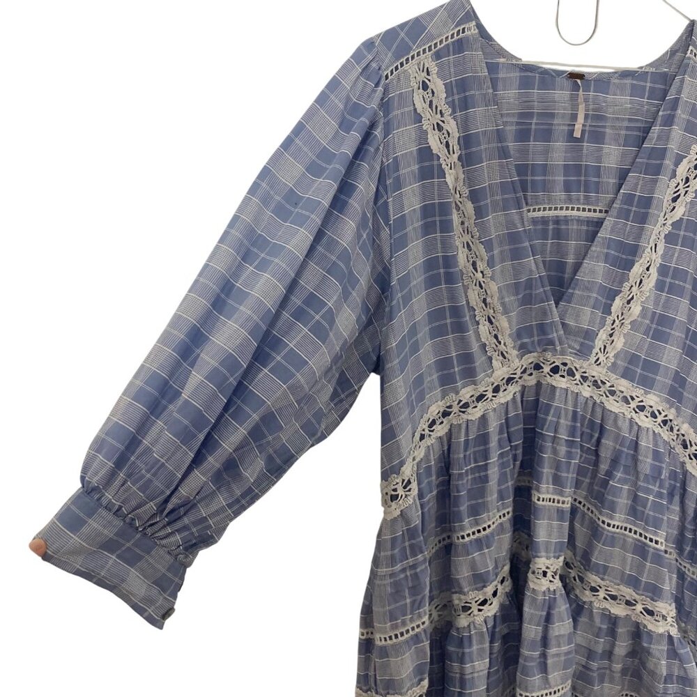 Free People Blue Plaid Tunic Womens Medium Boho Prairie Peasant Plaid Milkmaid - Picture 3 of 8